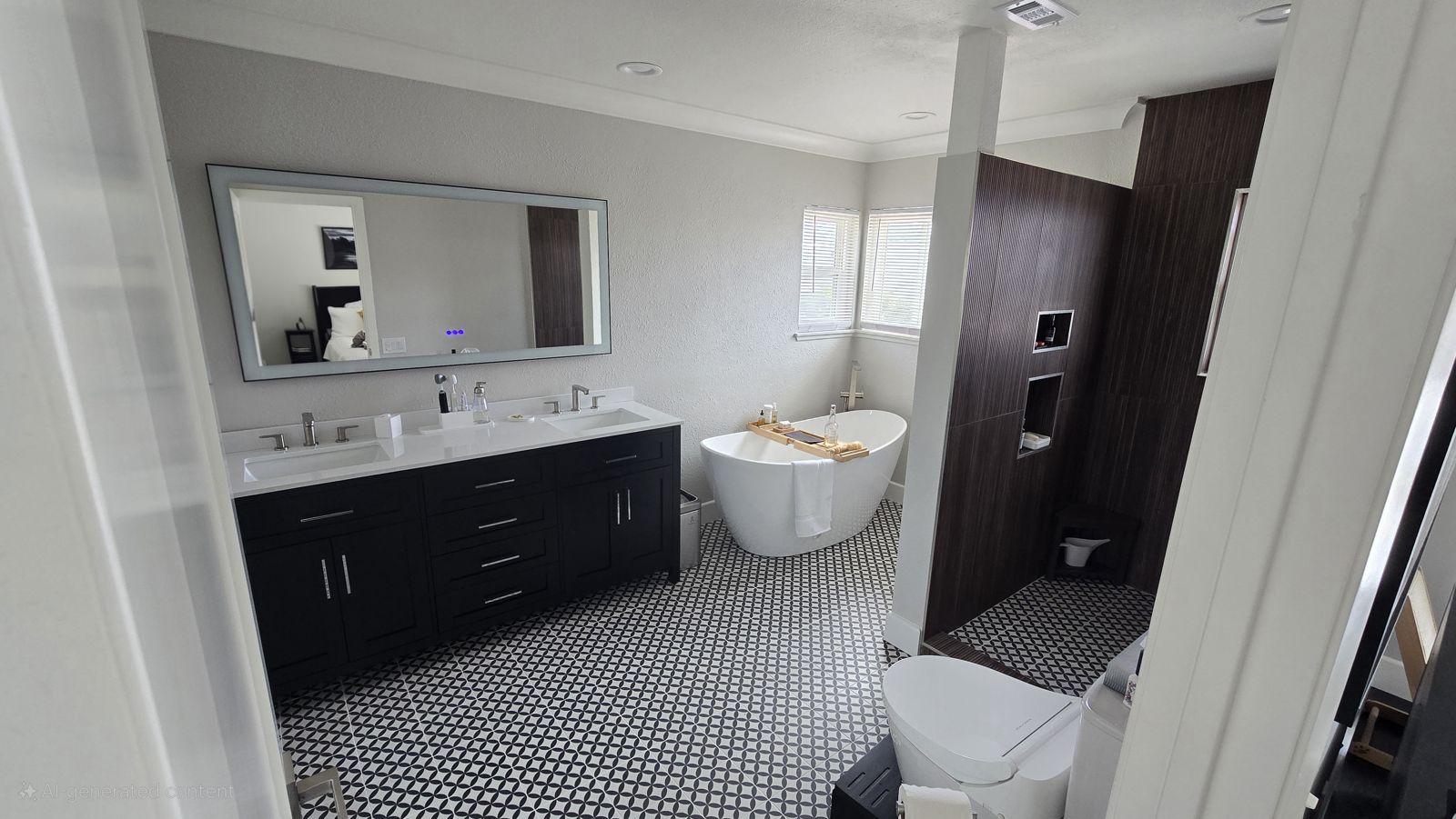Primary bathroom with double vanity, freestanding tub, walk-in shower and black-and-white patterned tile floor