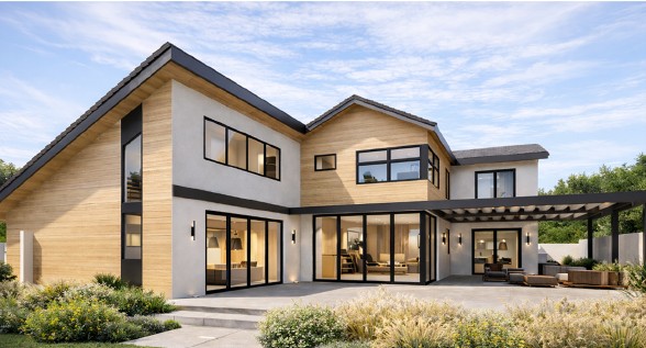 Rear of the custom home with large glass doors, patio and pergola